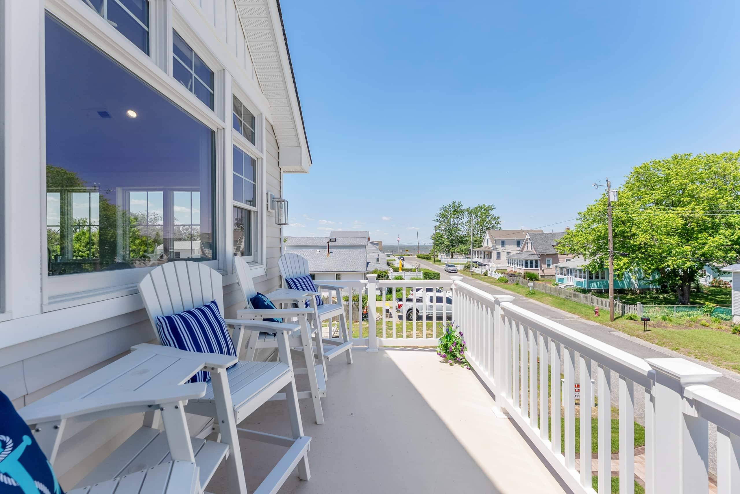 The deck at The Delford looking toward the Delaware Bay, the water the ferry crosses
