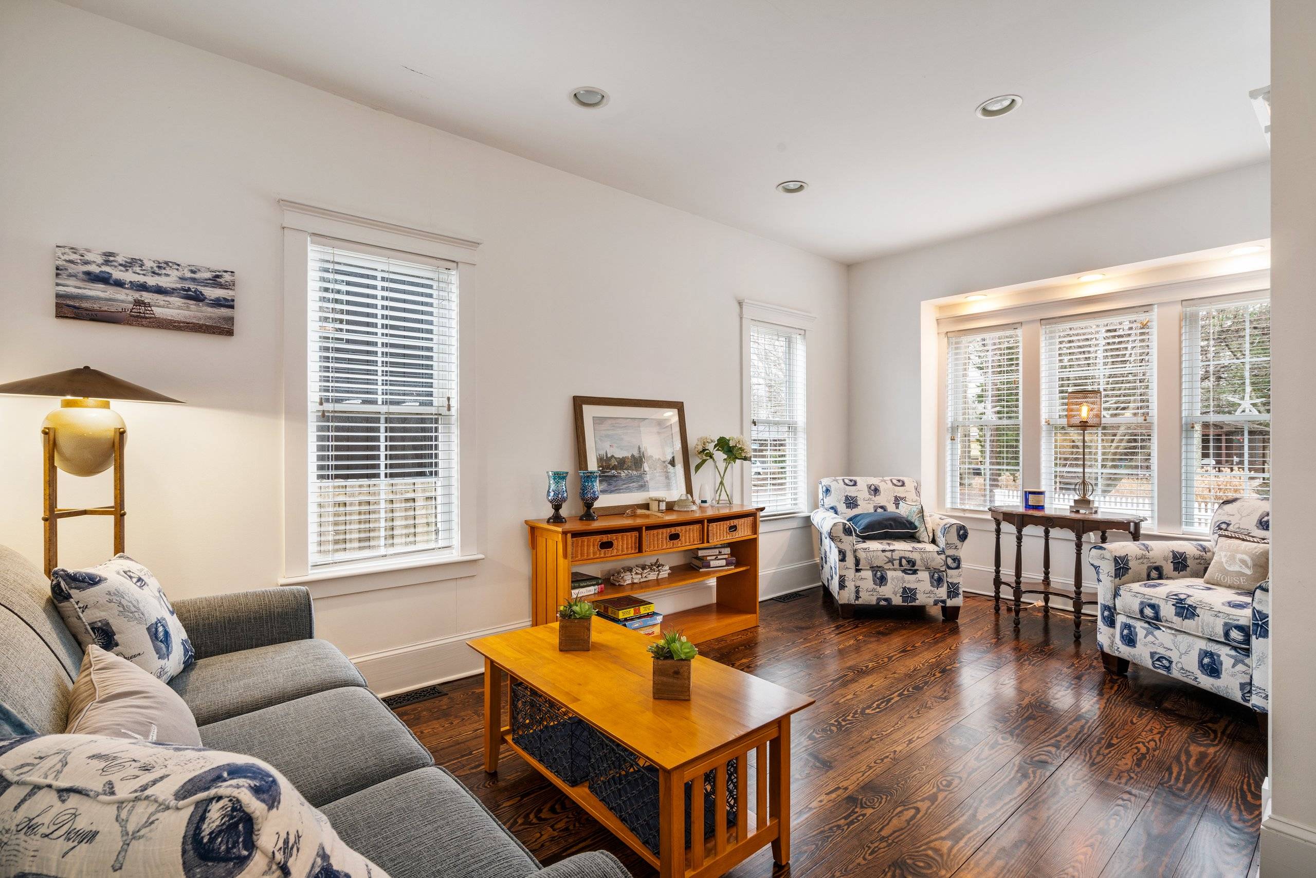 Front room at Fern with blue and white furnishings